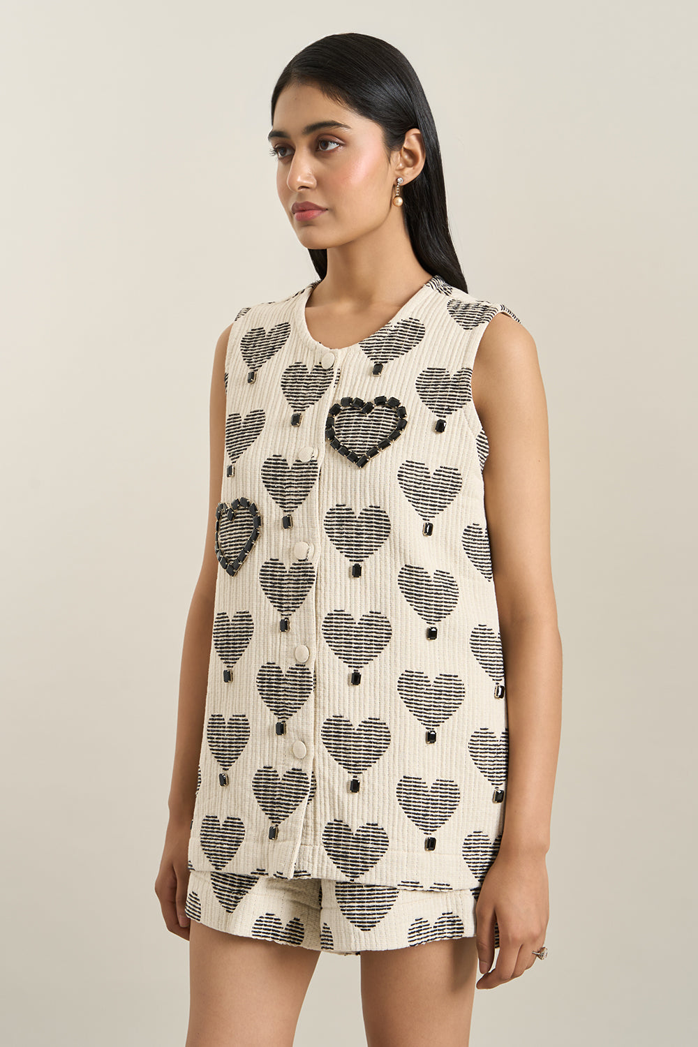 Black Heart Jacquard Jacket and Shorts Set