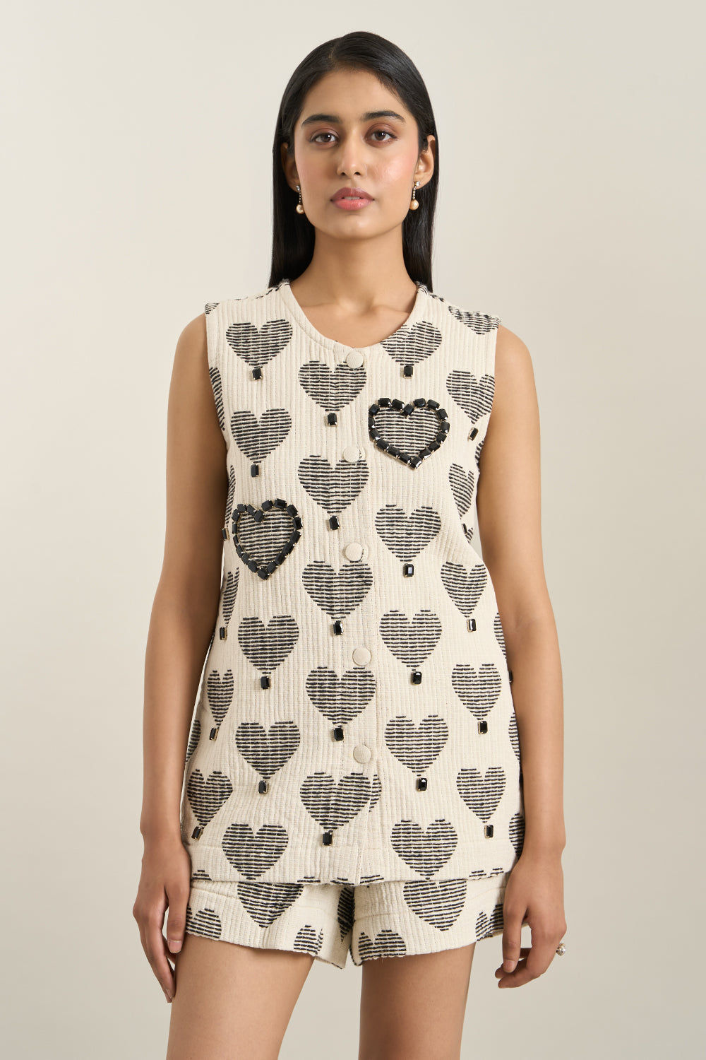 Black Heart Jacquard Jacket and Shorts Set