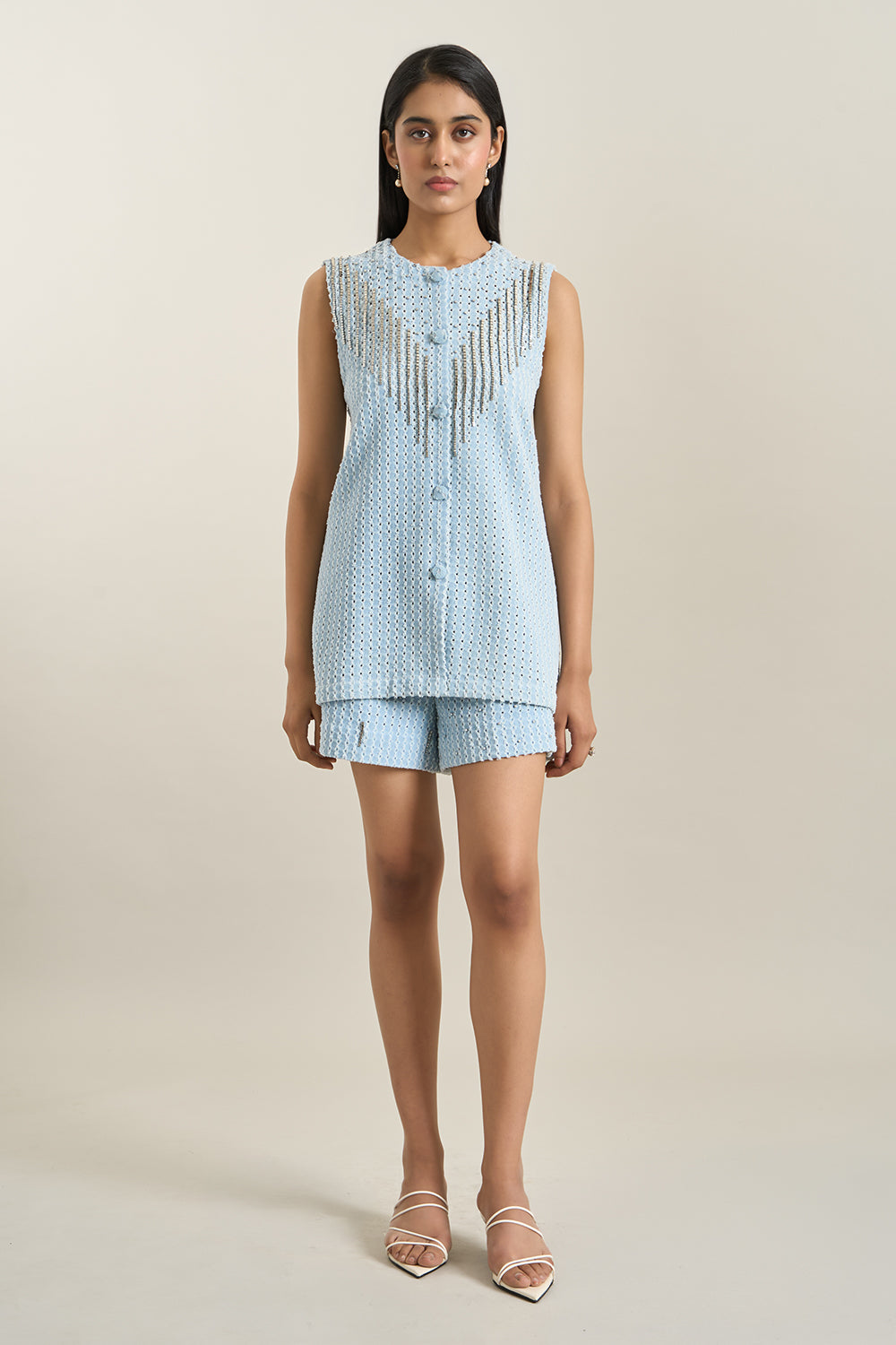 Light Blue Denim Lazercut Jacket and Shorts Set