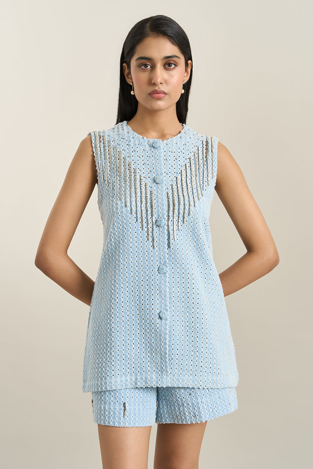 Light Blue Denim Lazercut Jacket and Shorts Set