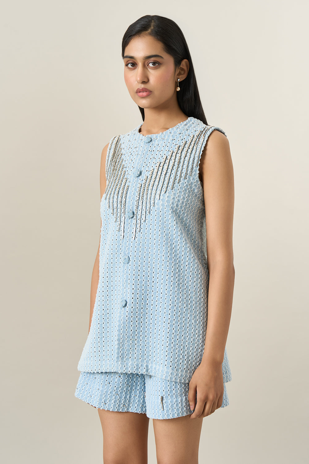 Light Blue Denim Lazercut Jacket and Shorts Set