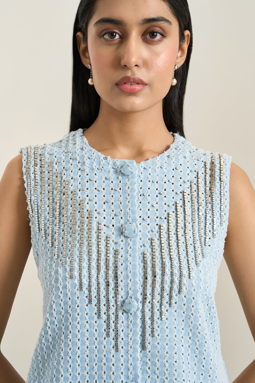 Light Blue Denim Lazercut Jacket and Shorts Set