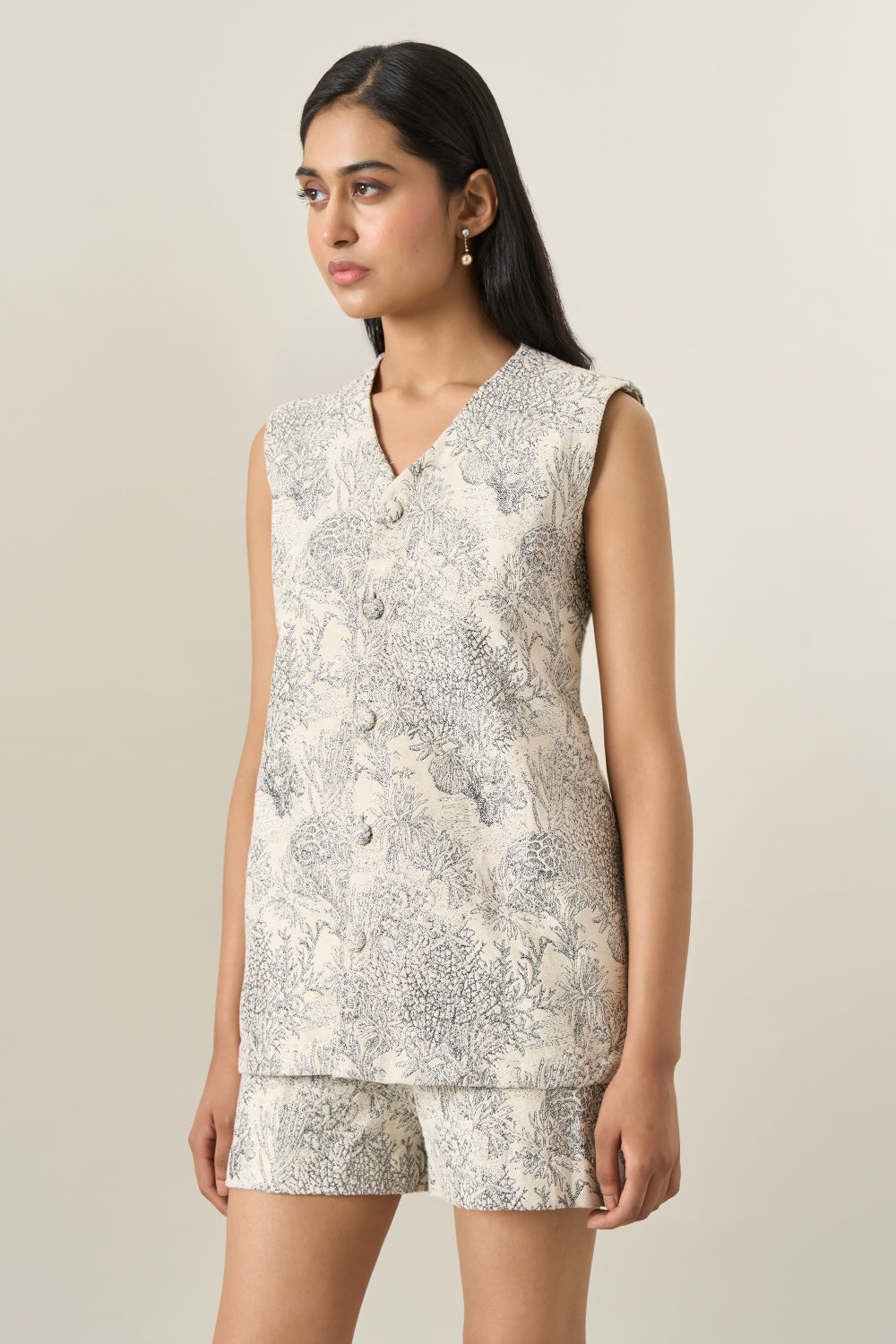Grey Floral Jacquard Jacket and Shorts Set