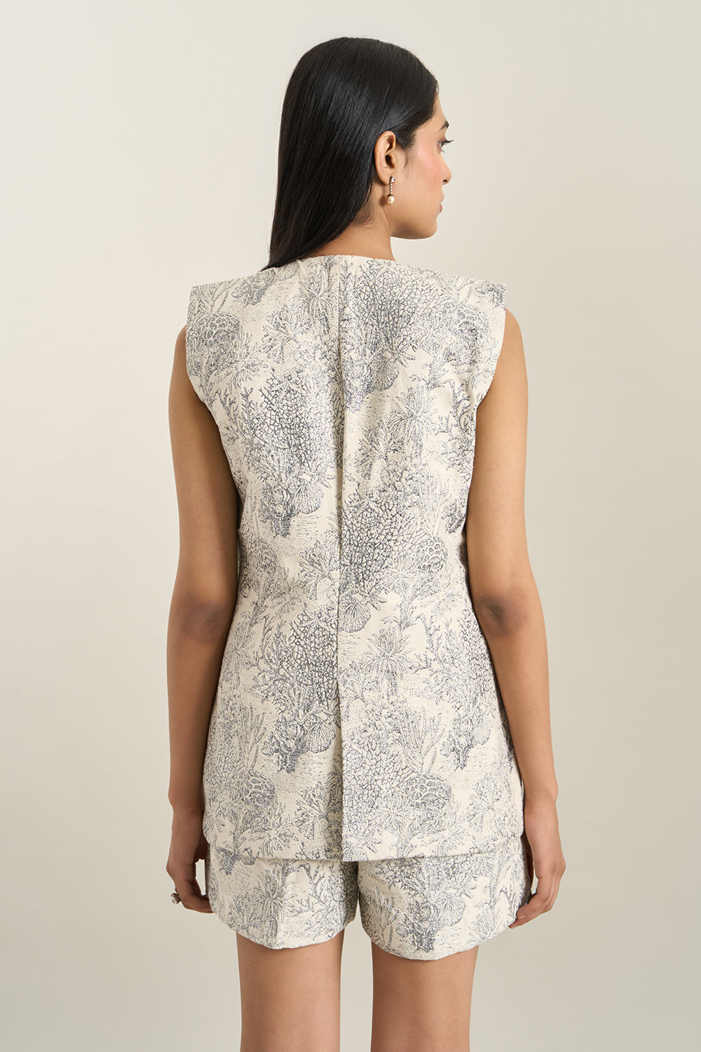 Grey Floral Jacquard Jacket and Shorts Set