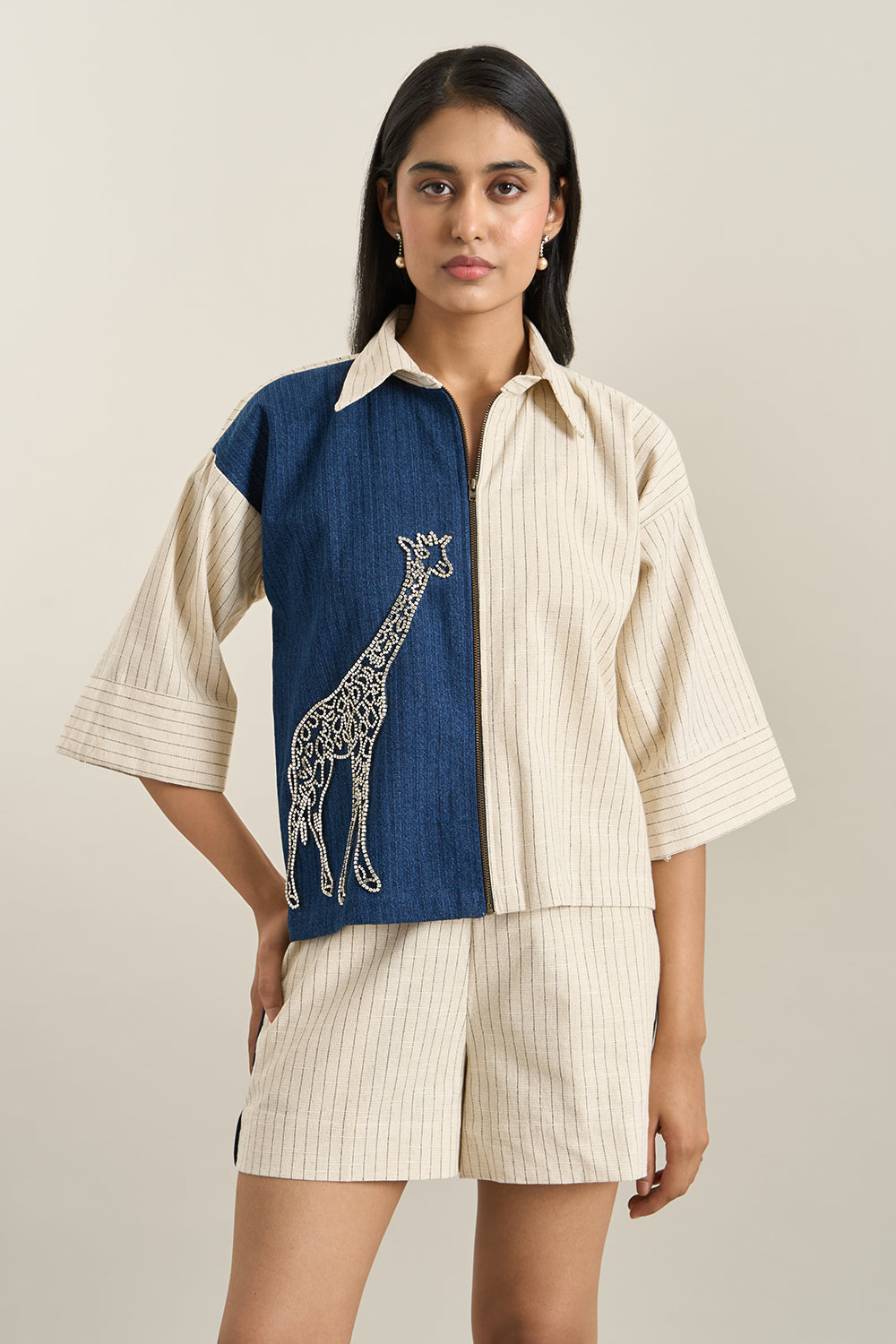 Beige Stripe Denim Herringbone Giraffe Jacket and Shorts Set