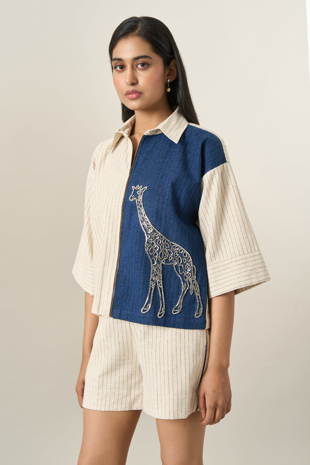 Beige Stripe Denim Herringbone Giraffe Jacket and Shorts Set