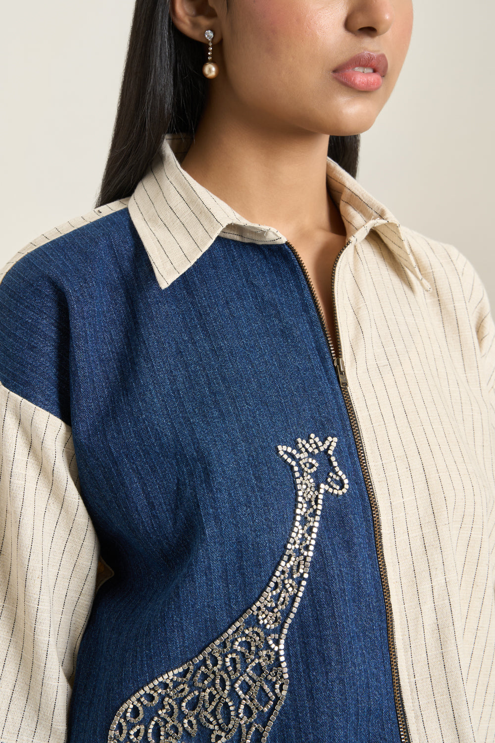 Beige Stripe Denim Herringbone Giraffe Jacket and Shorts Set
