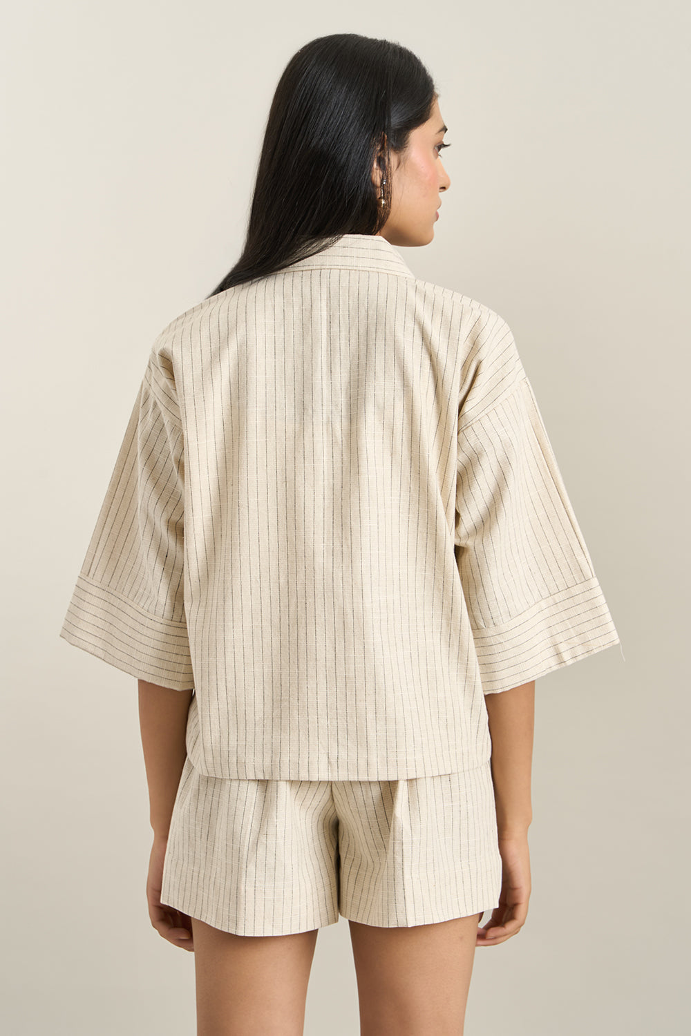 Beige Stripe Denim Herringbone Giraffe Jacket and Shorts Set