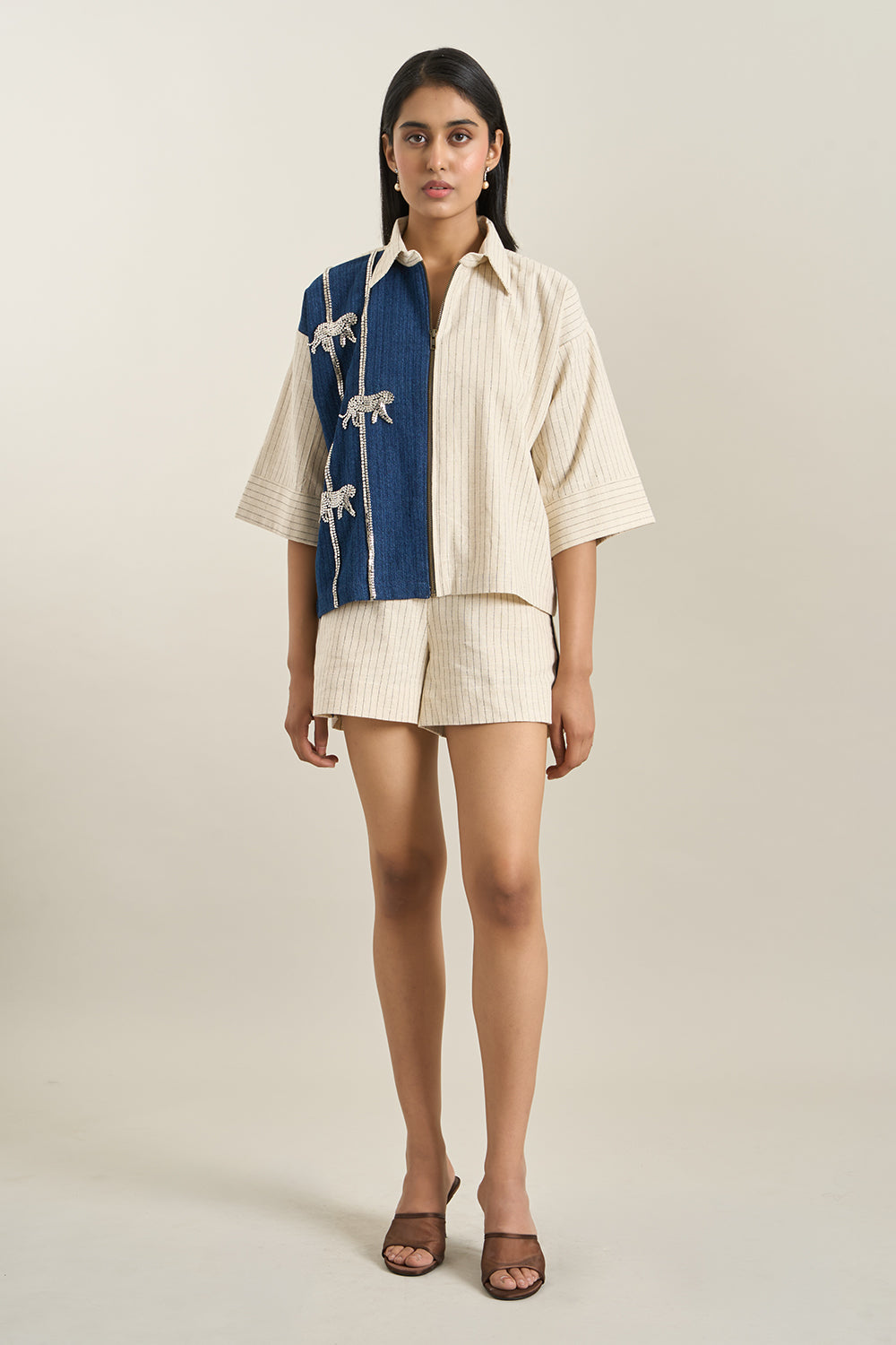 Beige Stripe Denim Herringbone Leopard Jacket and Shorts Set