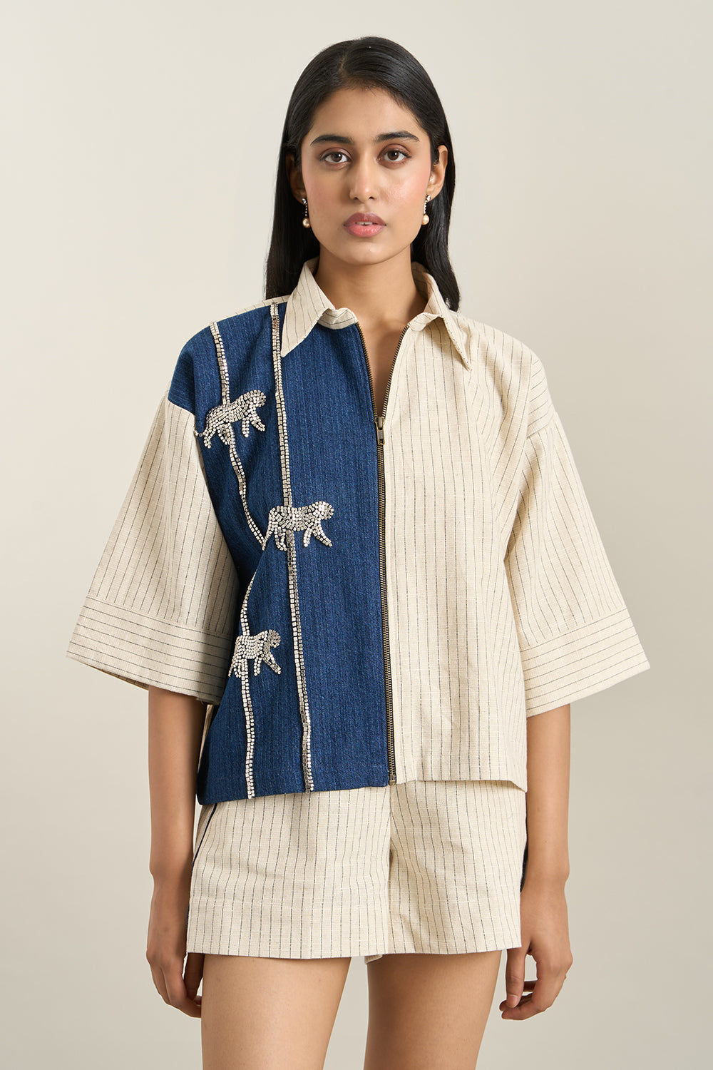 Beige Stripe Denim Herringbone Leopard Jacket and Shorts Set