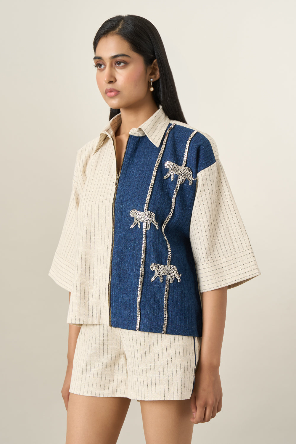 Beige Stripe Denim Herringbone Leopard Jacket and Shorts Set