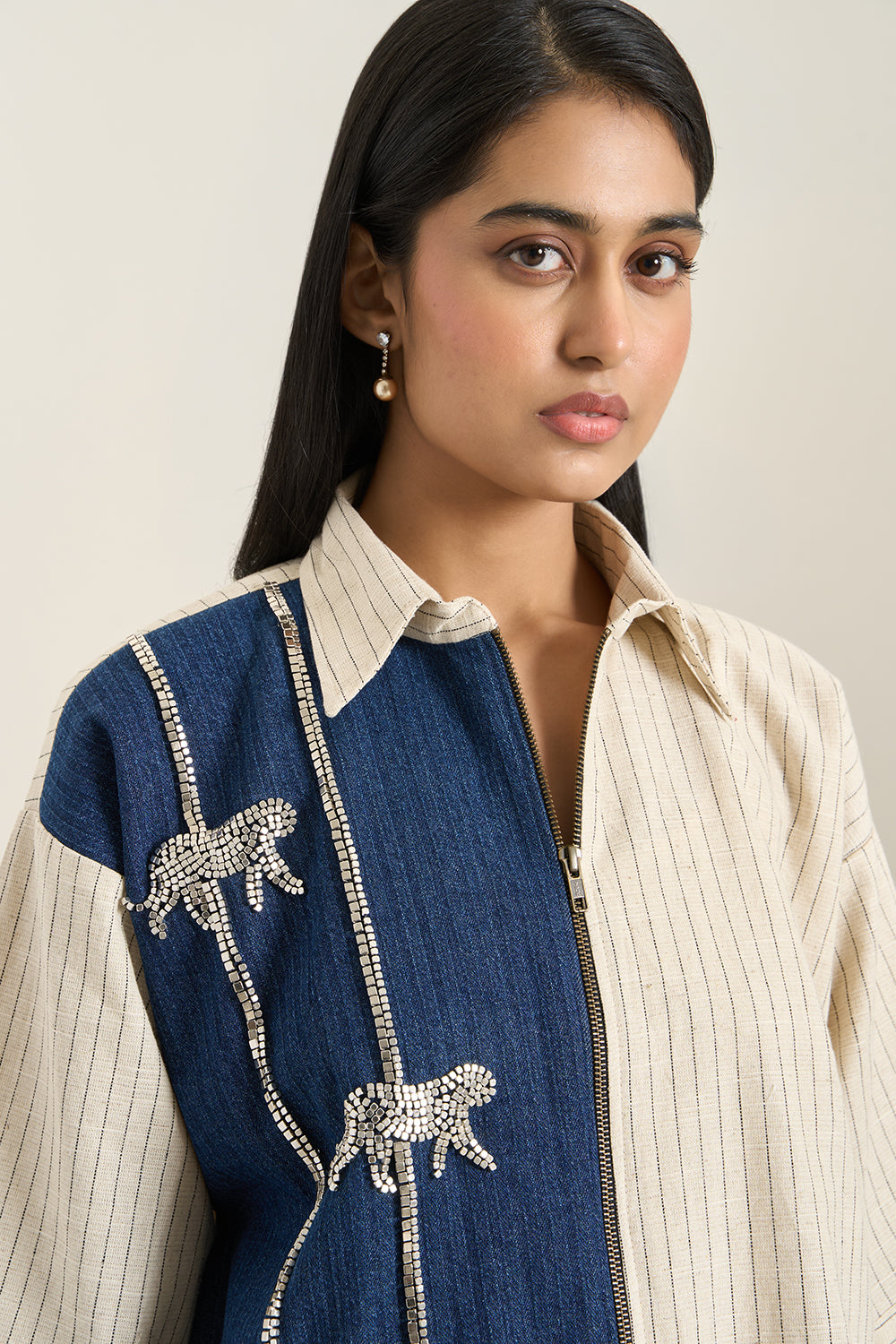 Beige Stripe Denim Herringbone Leopard Jacket and Shorts Set