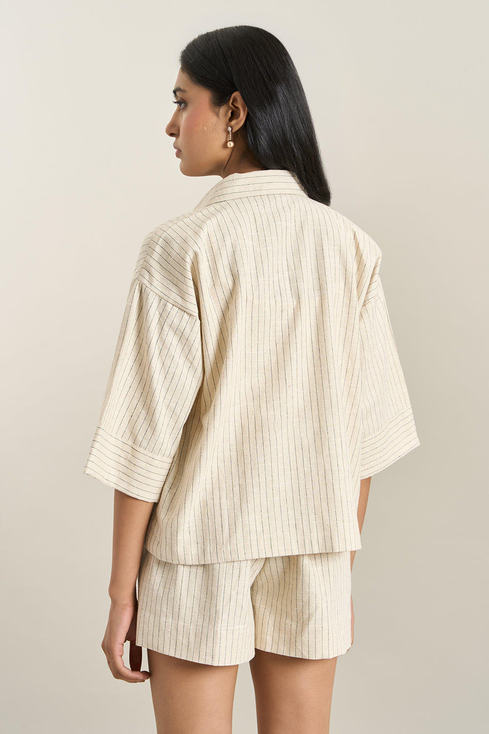 Beige Stripe Denim Herringbone Leopard Jacket and Shorts Set