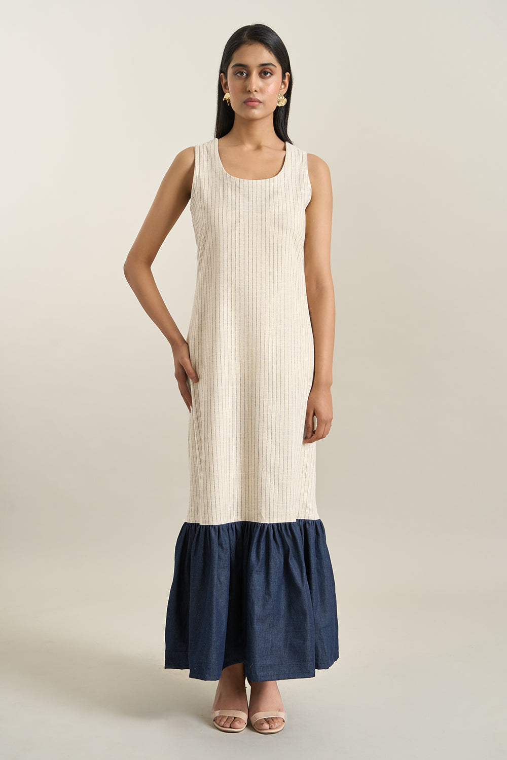 Beige Stripe Denim Gathered Dress