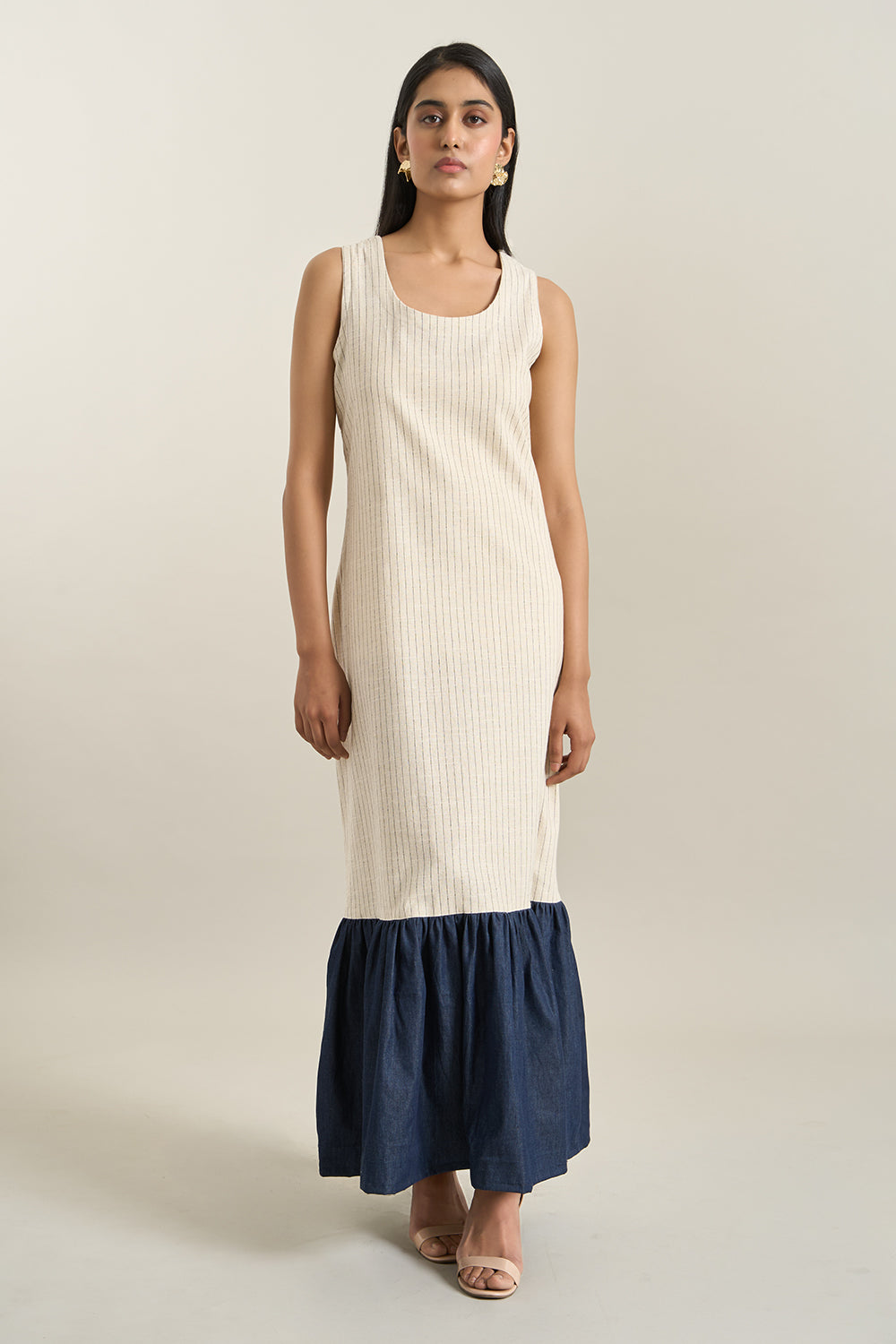Beige Stripe Denim Gathered Dress