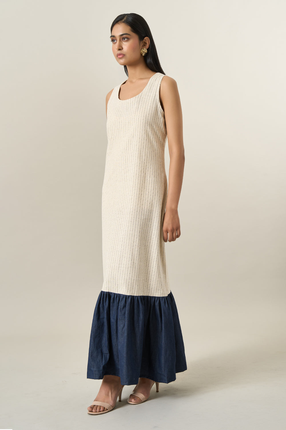 Beige Stripe Denim Gathered Dress