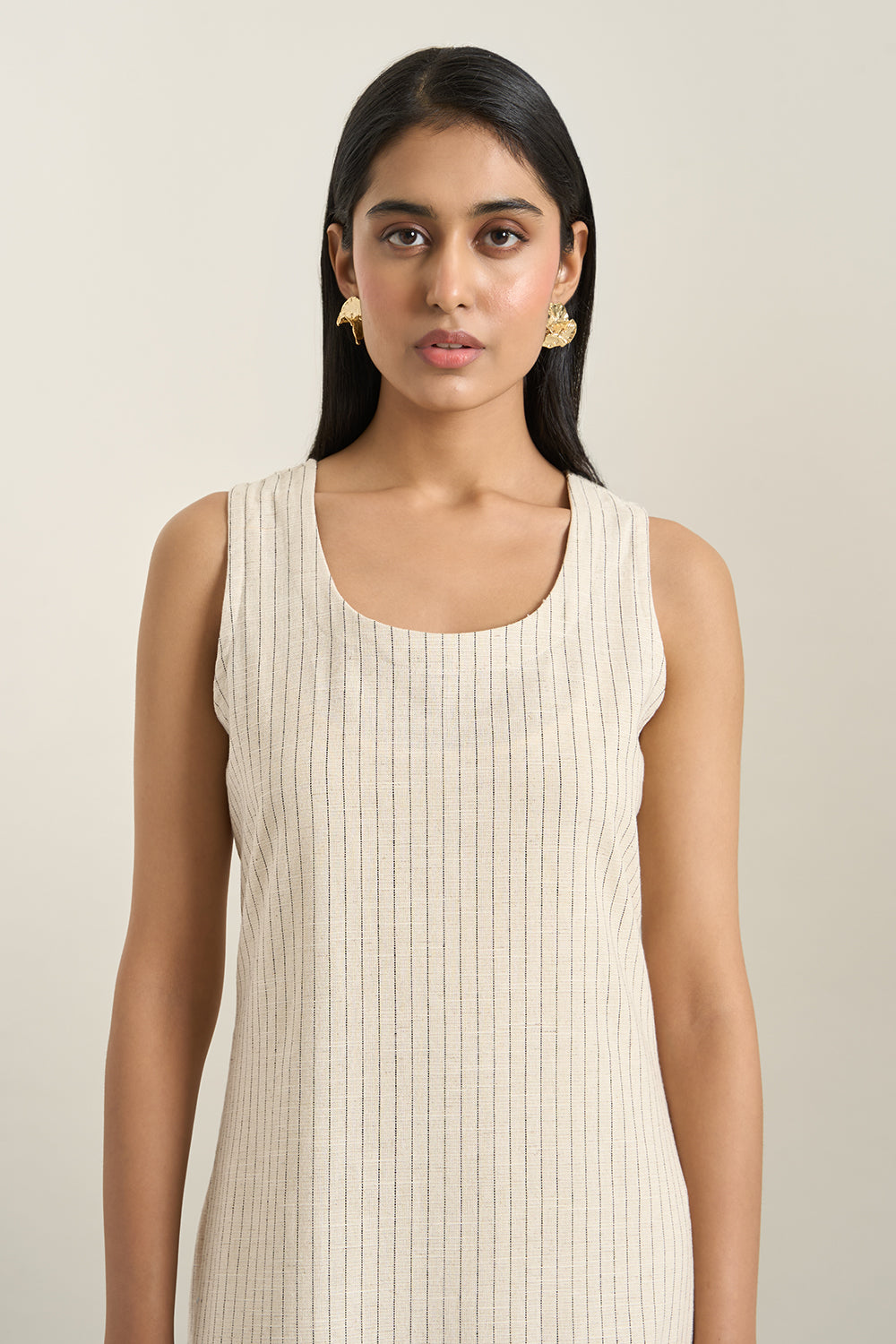 Beige Stripe Denim Gathered Dress