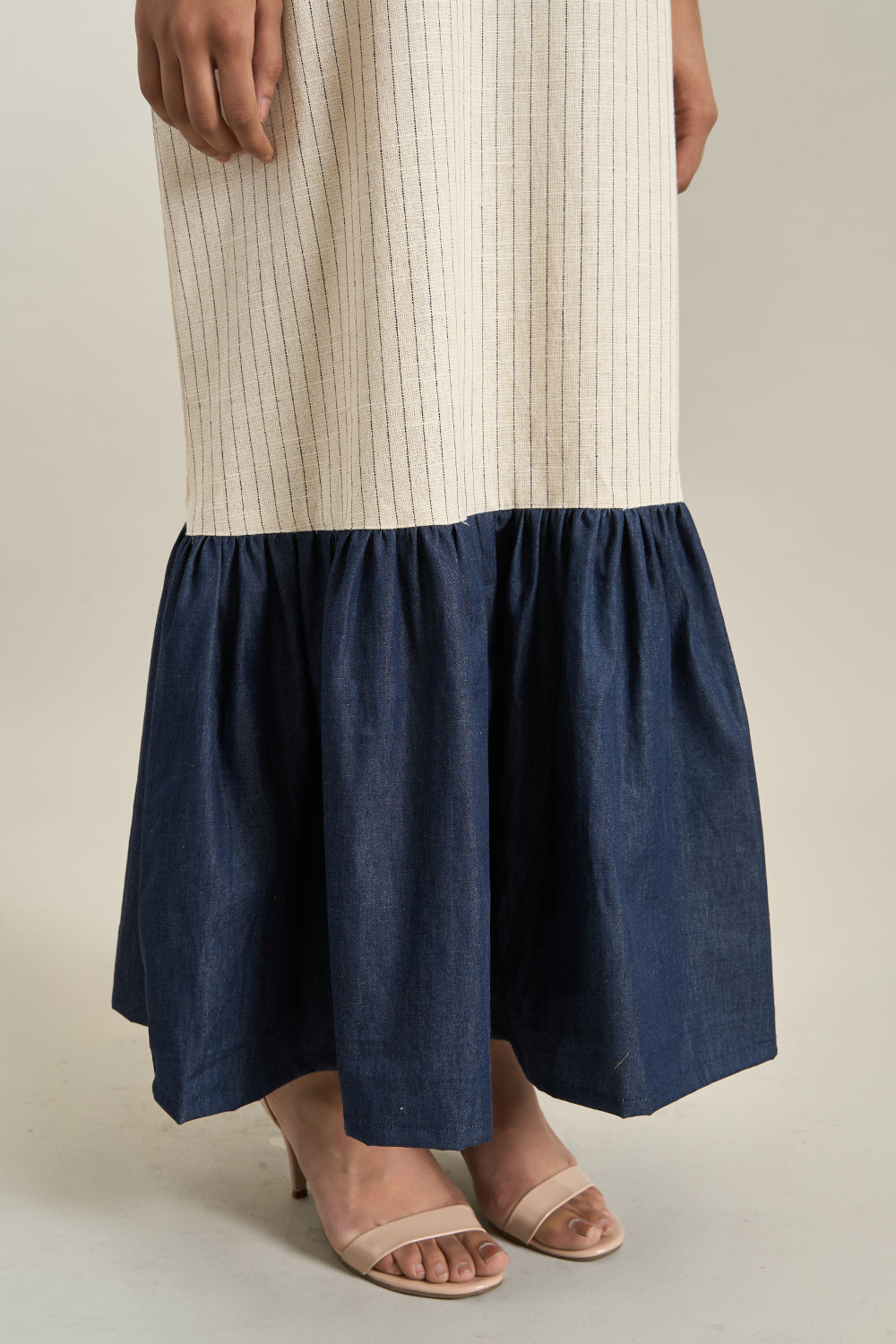 Beige Stripe Denim Gathered Dress