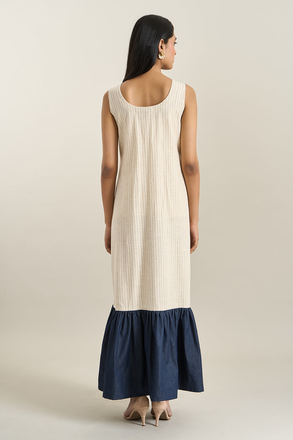 Beige Stripe Denim Gathered Dress