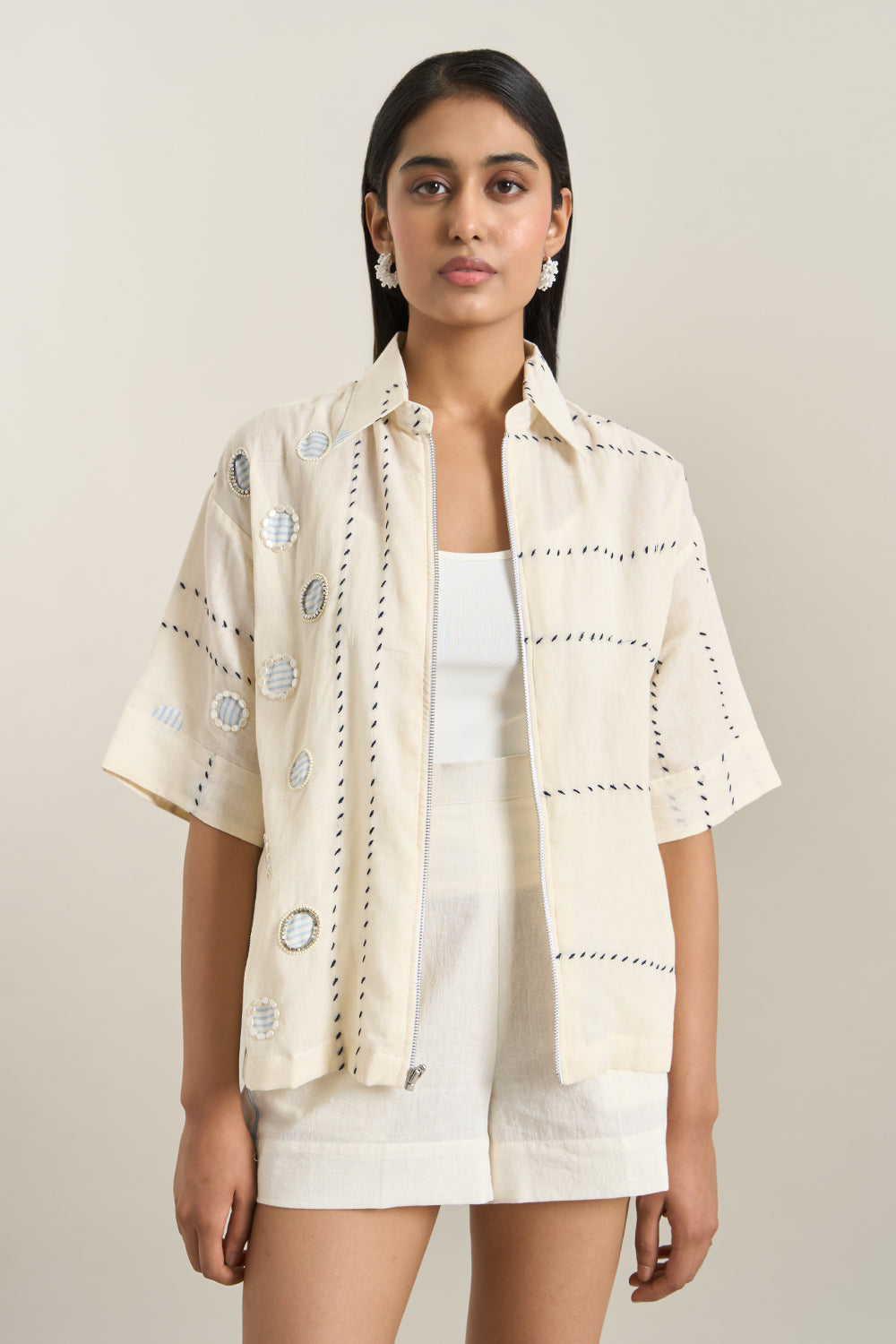 Off White Cotton Denim Back Panel Jacket and Shorts Set