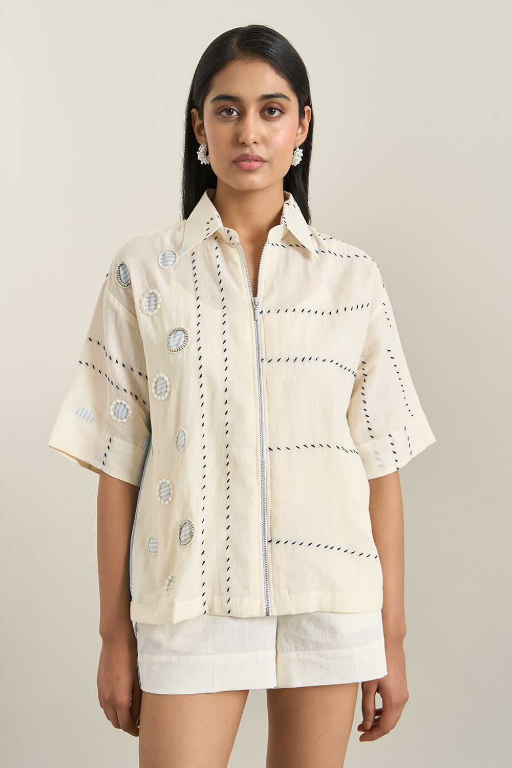 Off White Cotton Denim Back Panel Jacket and Shorts Set