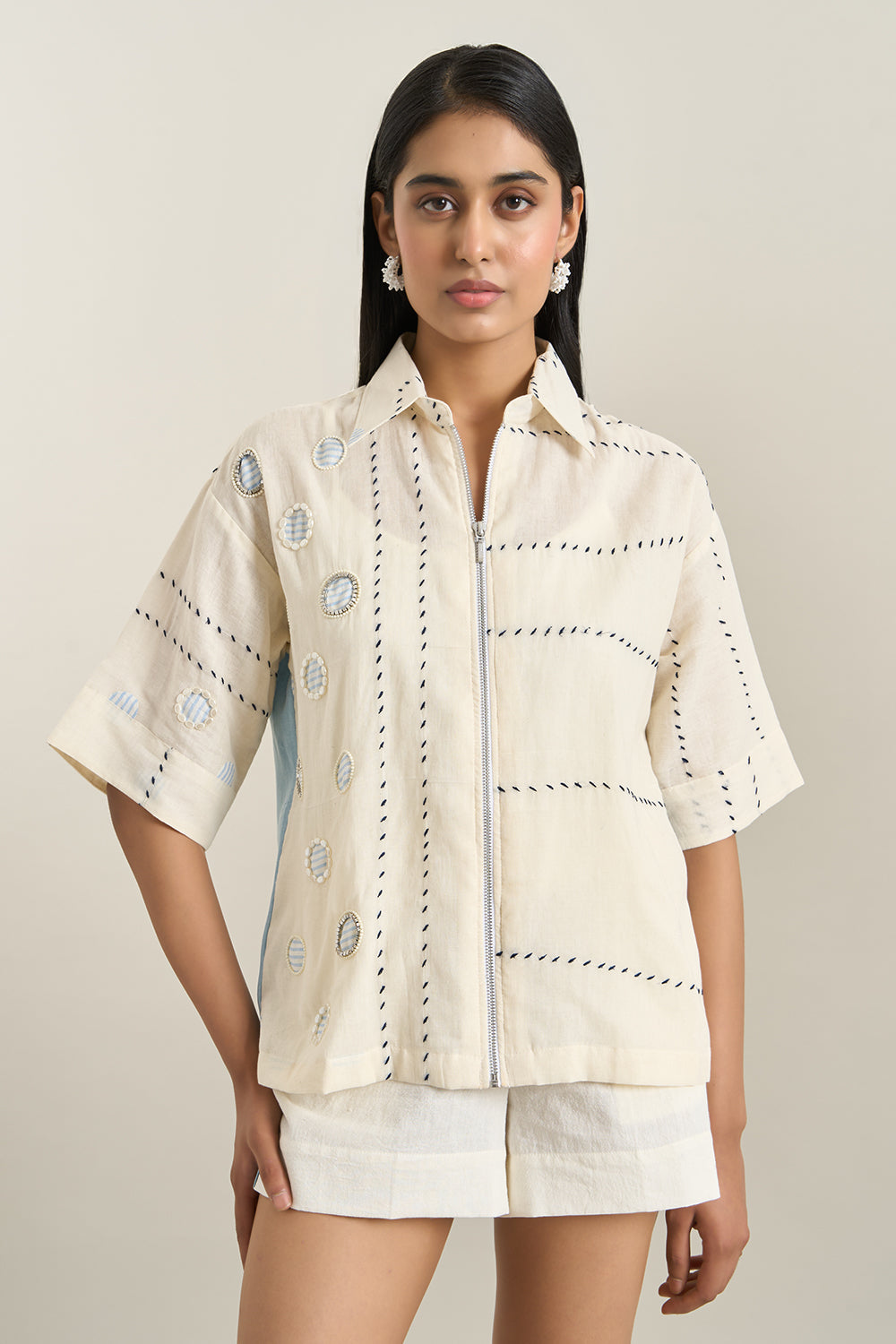 Off White Cotton Denim Back Panel Jacket and Shorts Set