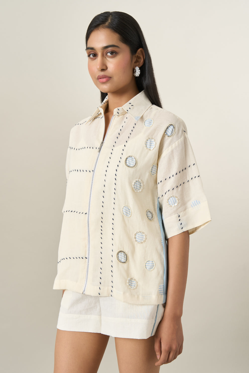Off White Cotton Denim Back Panel Jacket and Shorts Set