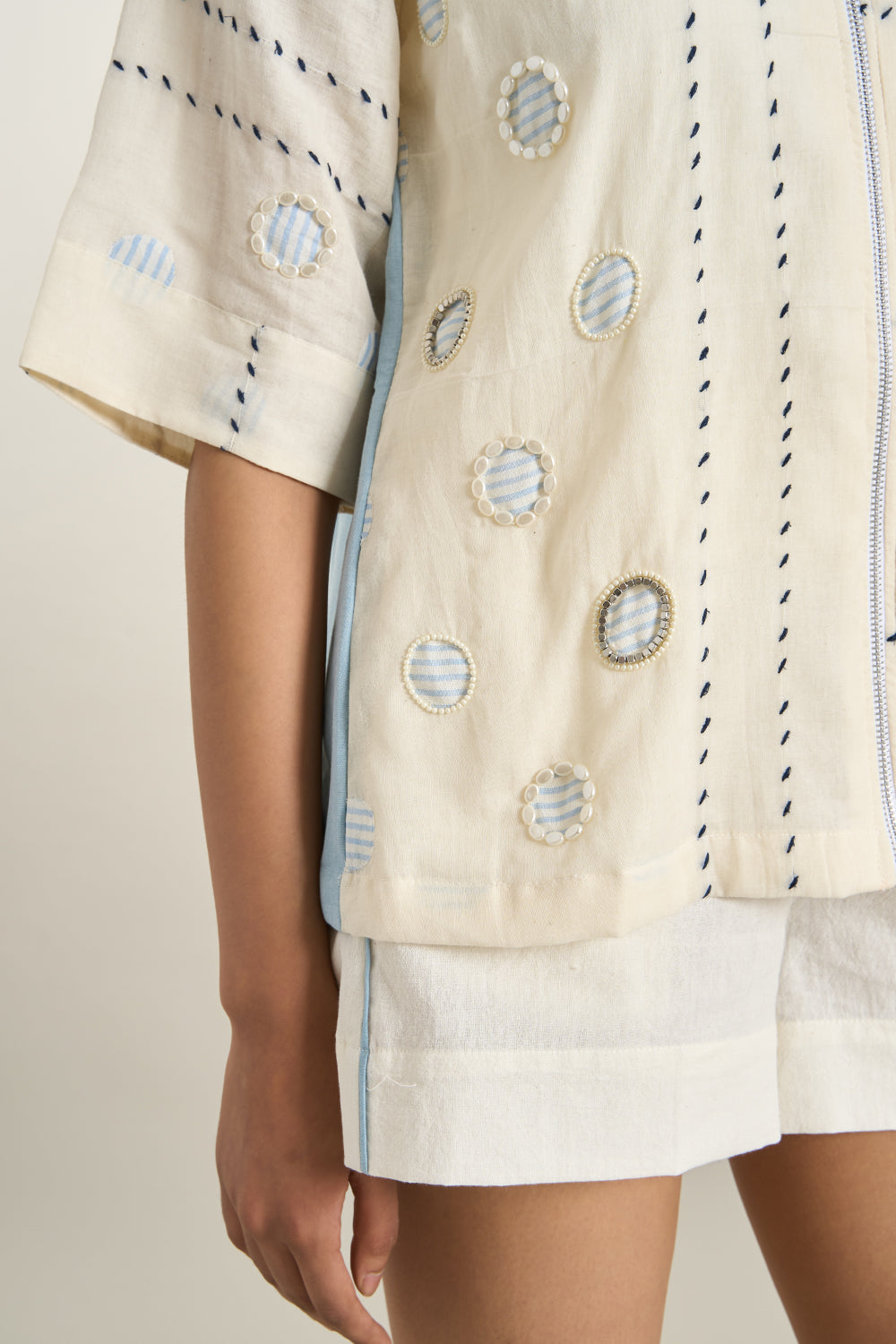 Off White Cotton Denim Back Panel Jacket and Shorts Set
