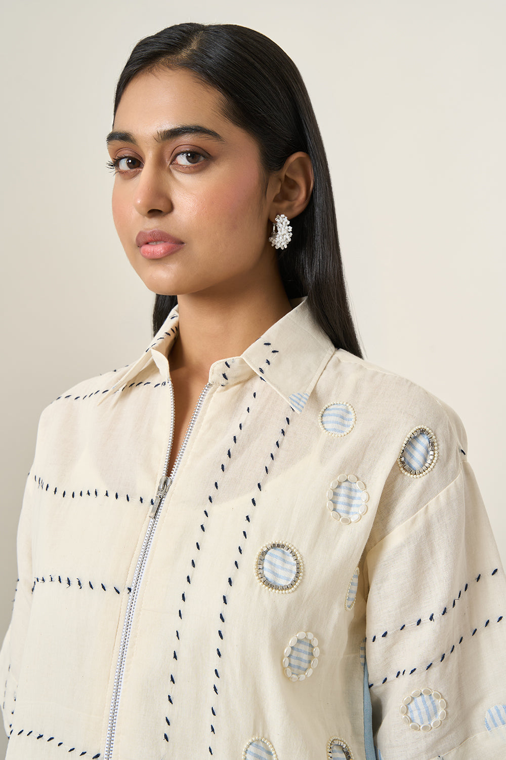 Off White Cotton Denim Back Panel Jacket and Shorts Set
