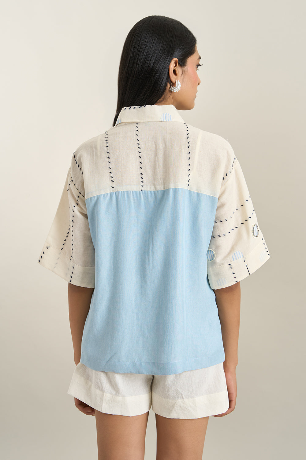 Off White Cotton Denim Back Panel Jacket and Shorts Set