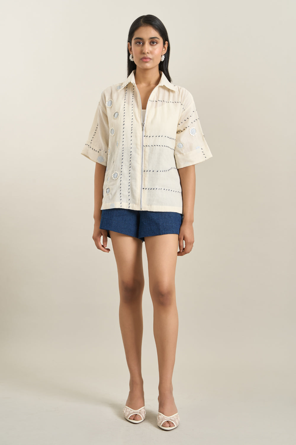 Off White Circle Applique Jacket and Shorts Set