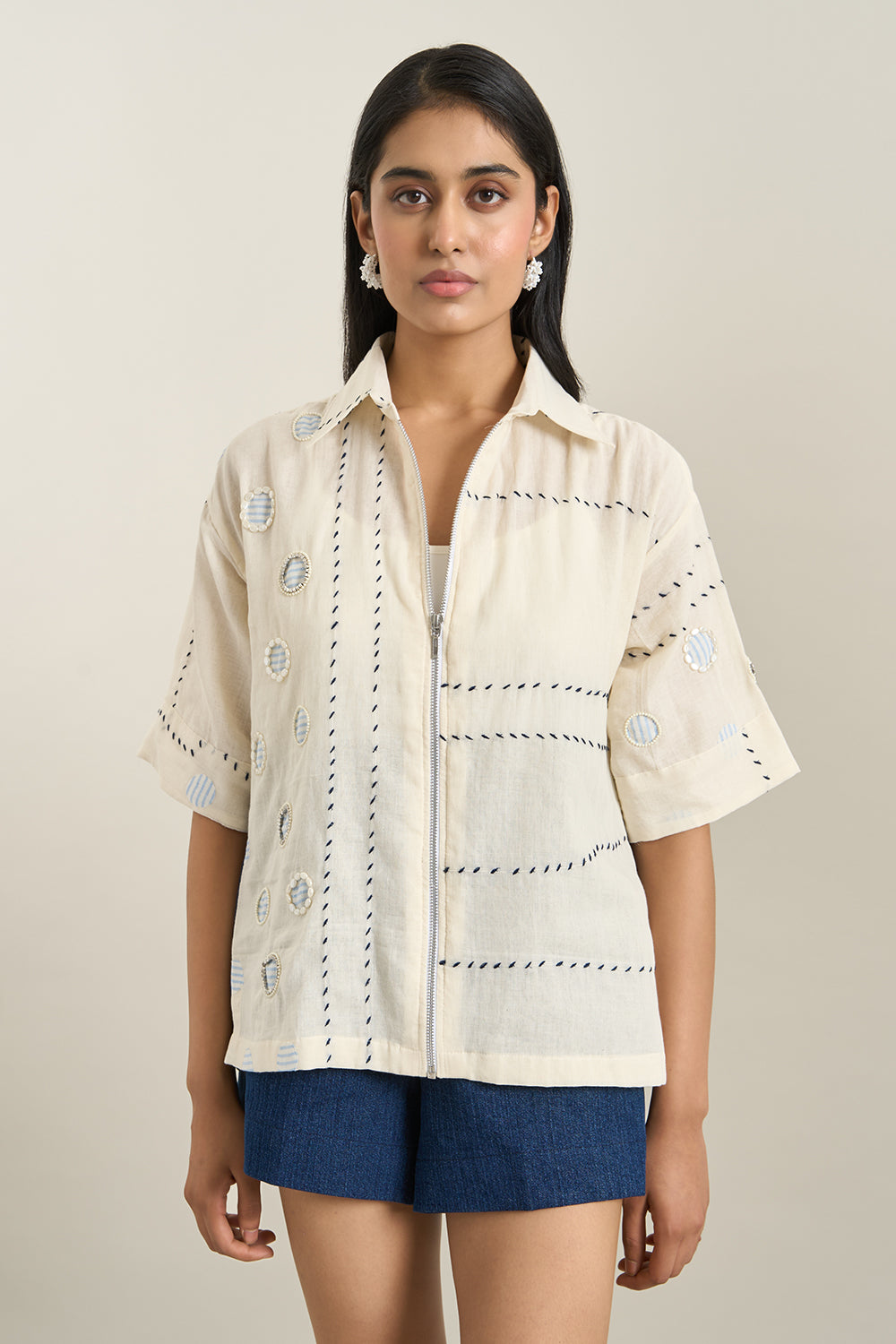 Off White Circle Applique Jacket and Shorts Set