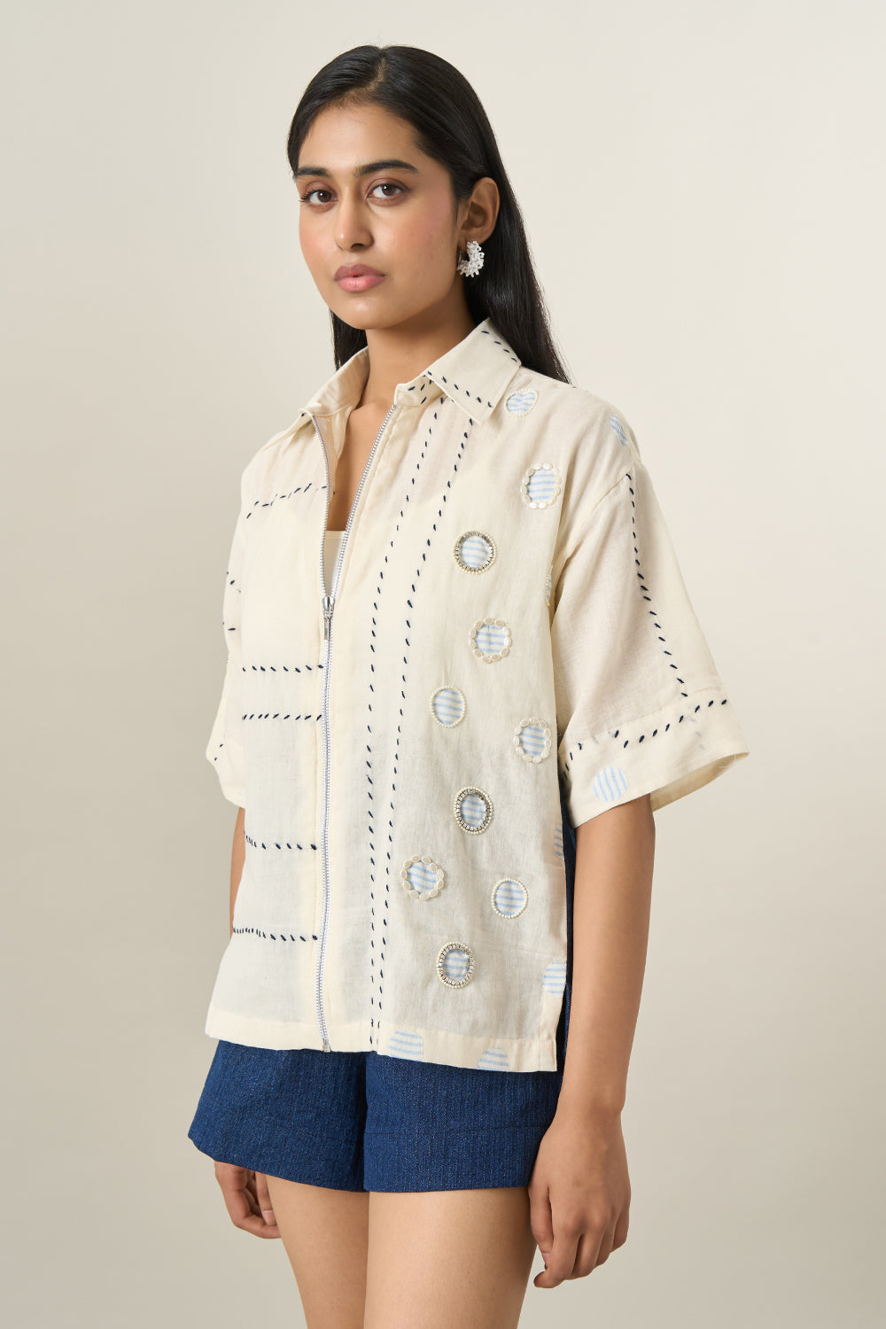 Off White Circle Applique Jacket and Shorts Set