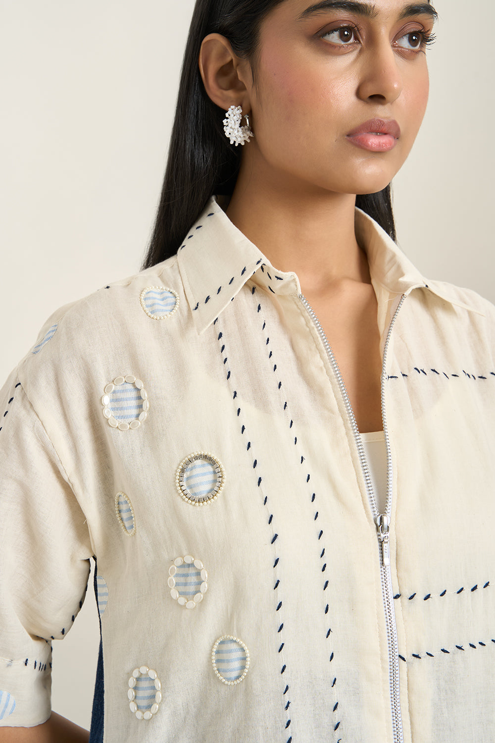 Off White Circle Applique Jacket and Shorts Set
