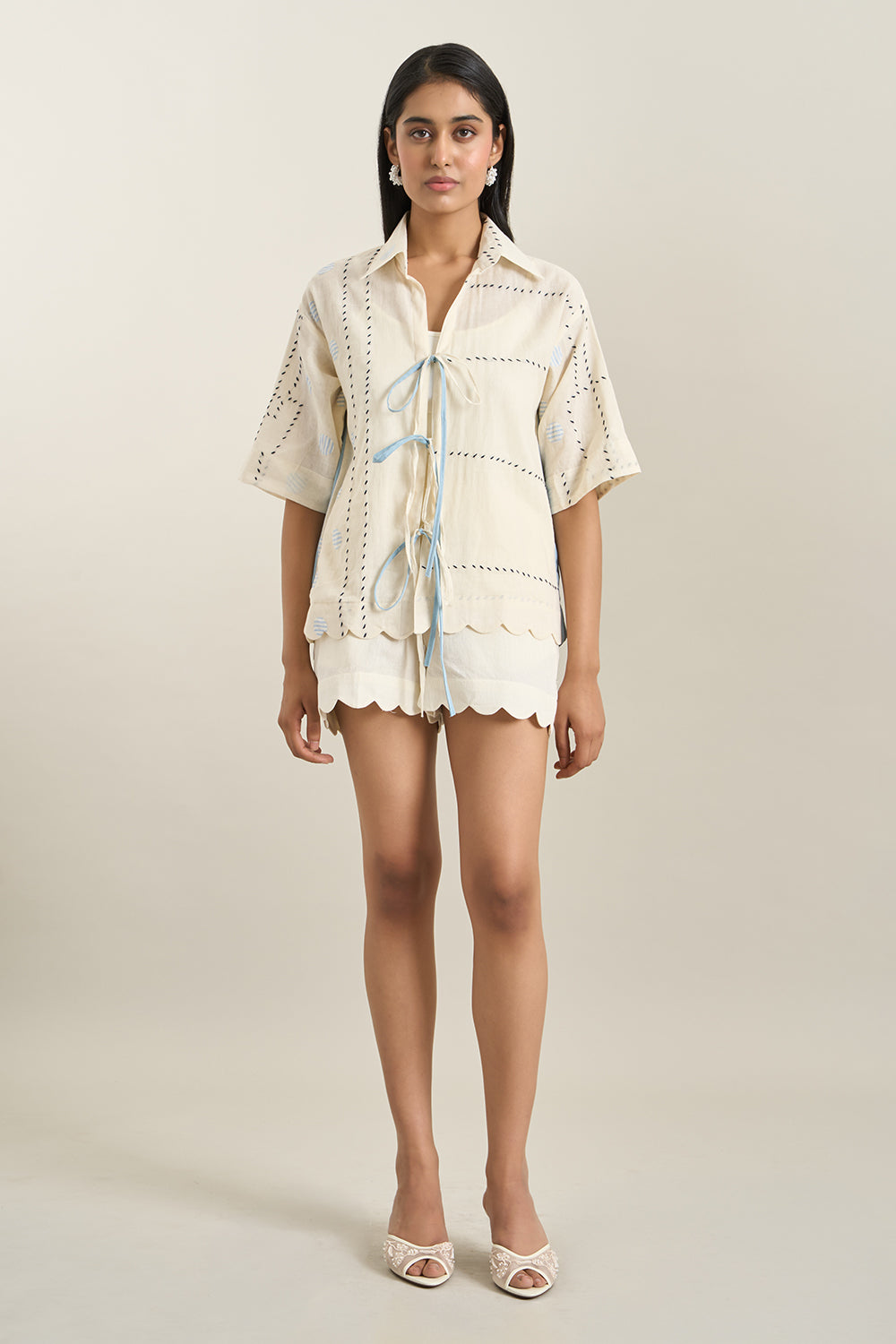 Off White Cotton Denim Panel Jacket and Shorts Set