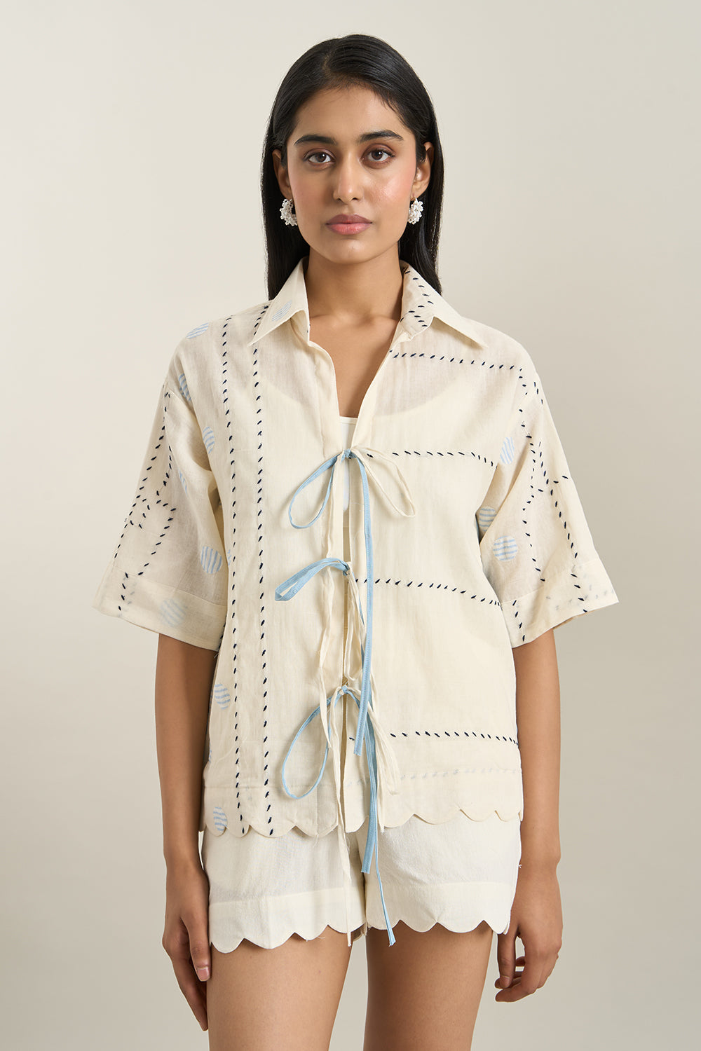 Off White Cotton Denim Panel Jacket and Shorts Set