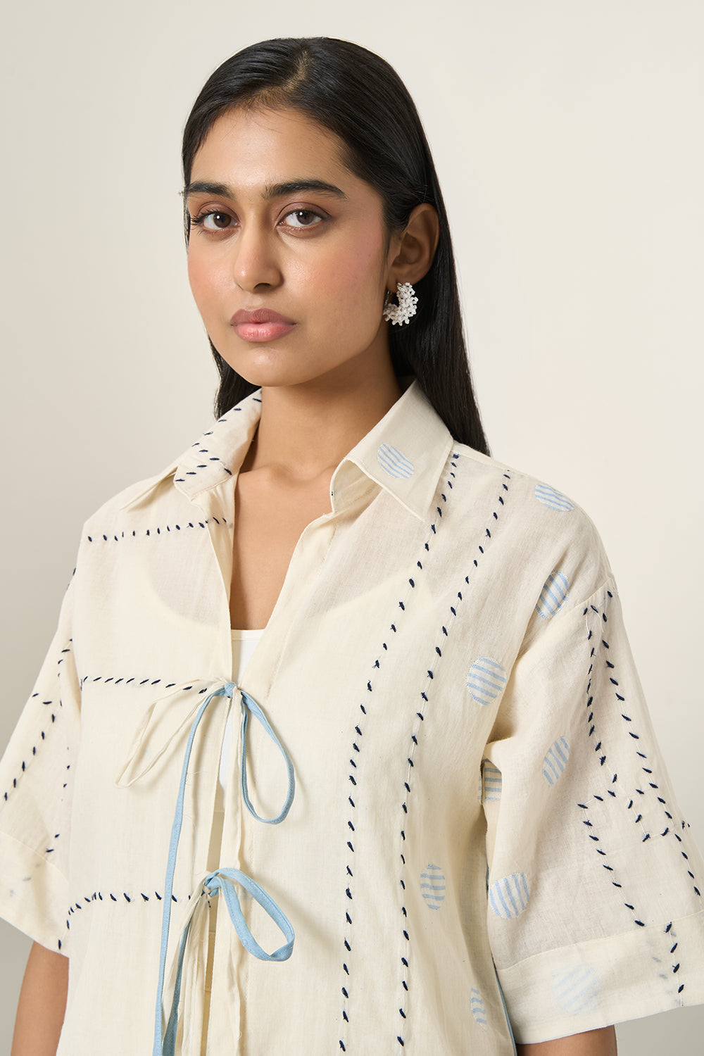Off White Cotton Denim Panel Jacket and Shorts Set